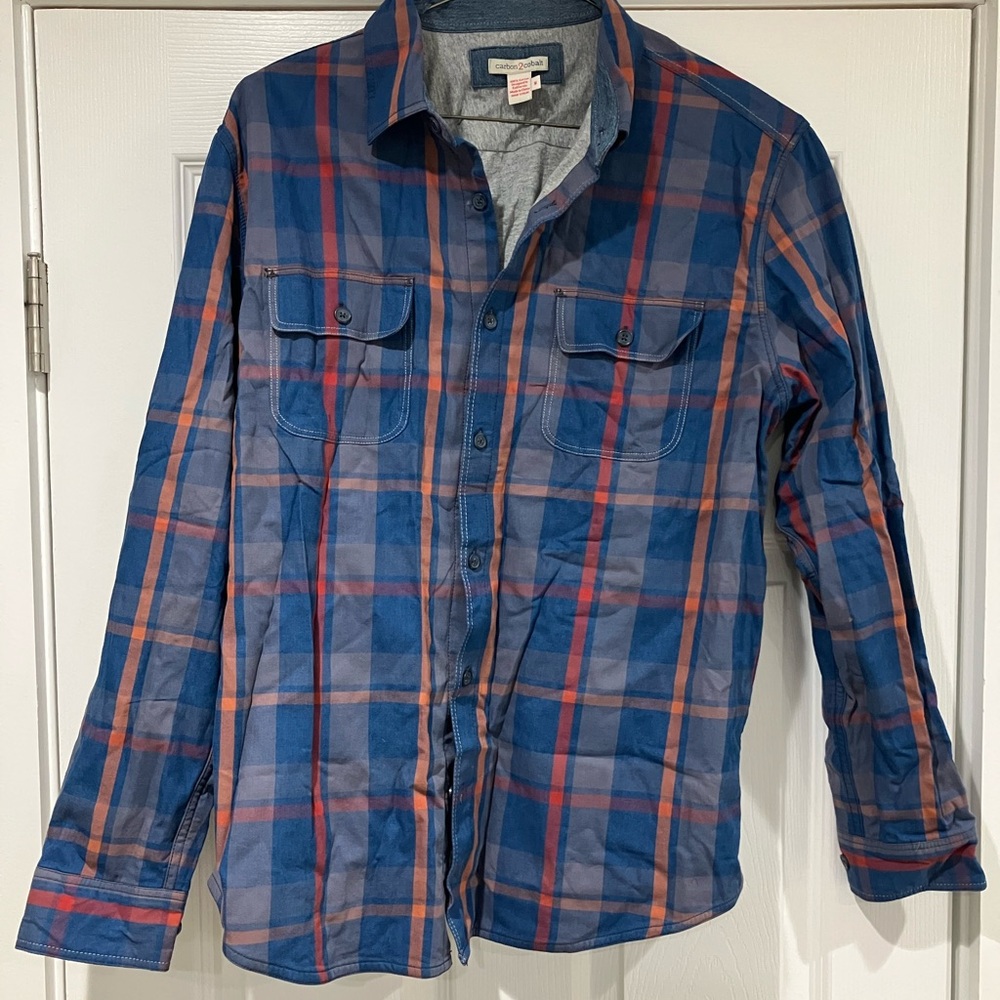 Men's Blue and Red Plaid Lined Casual Button Down Shirt